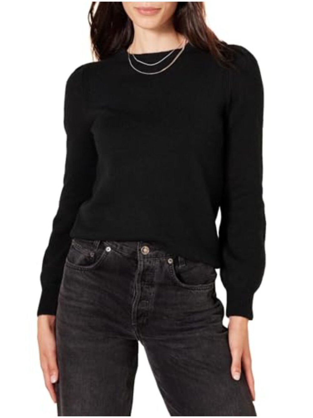 Soft Touch Pleated Shoulder Crewneck Sweater Relaxed Fit Long Sleeve